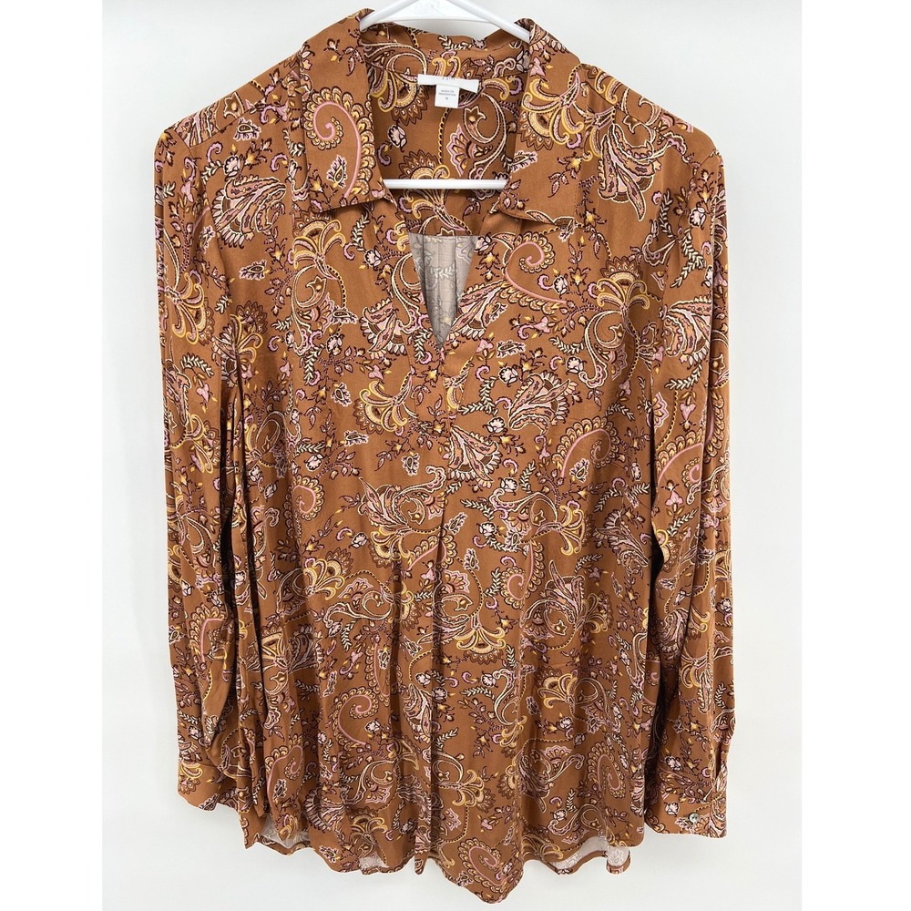 J. Jill Size M Boho Blouse Brown Paisley V-Neck Long Sleeve Split Neck Top